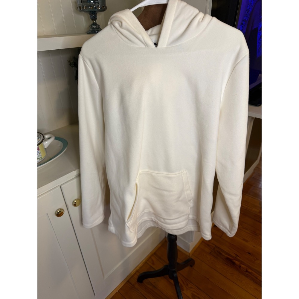 Lands End Ivory White Fleece Hoodie Pullover Sweatshirt Womens Large 14-16